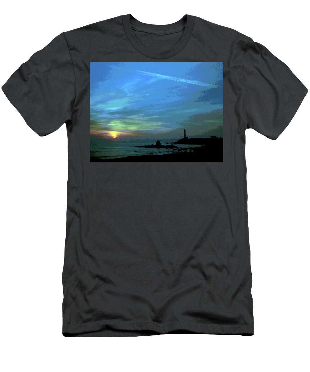 Lighthouse T-Shirt featuring the digital art Pigeon Point Lighthouse Green Flash Sunset, Pescadero California, Abstract 2 by Kathy Anselmo