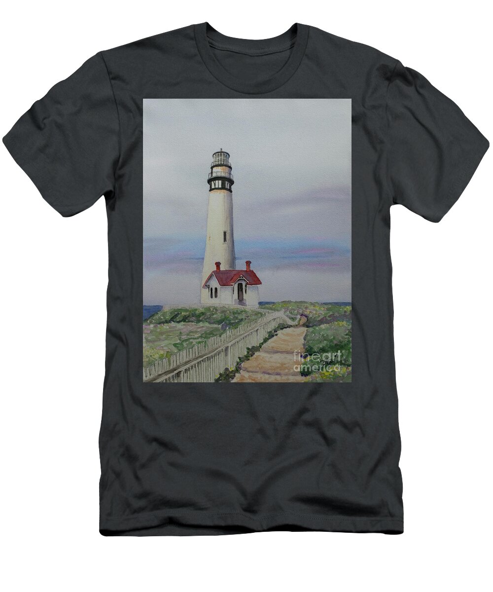 Lighthouse T-Shirt featuring the painting Pigeon Point Lighthouse by Jackie MacNair
