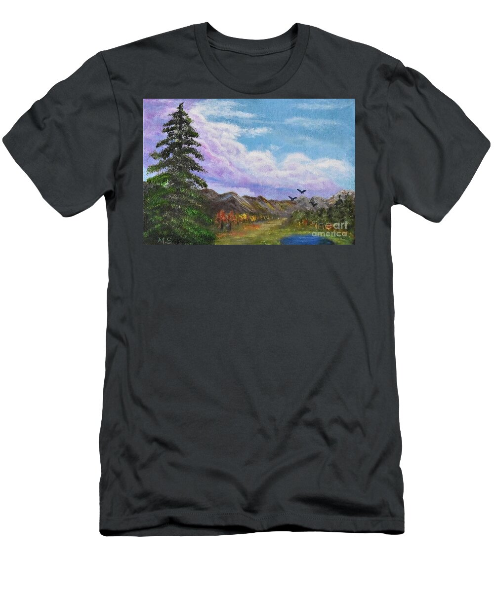 Pine T-Shirt featuring the painting Pine Watches Eagles by Monika Shepherdson