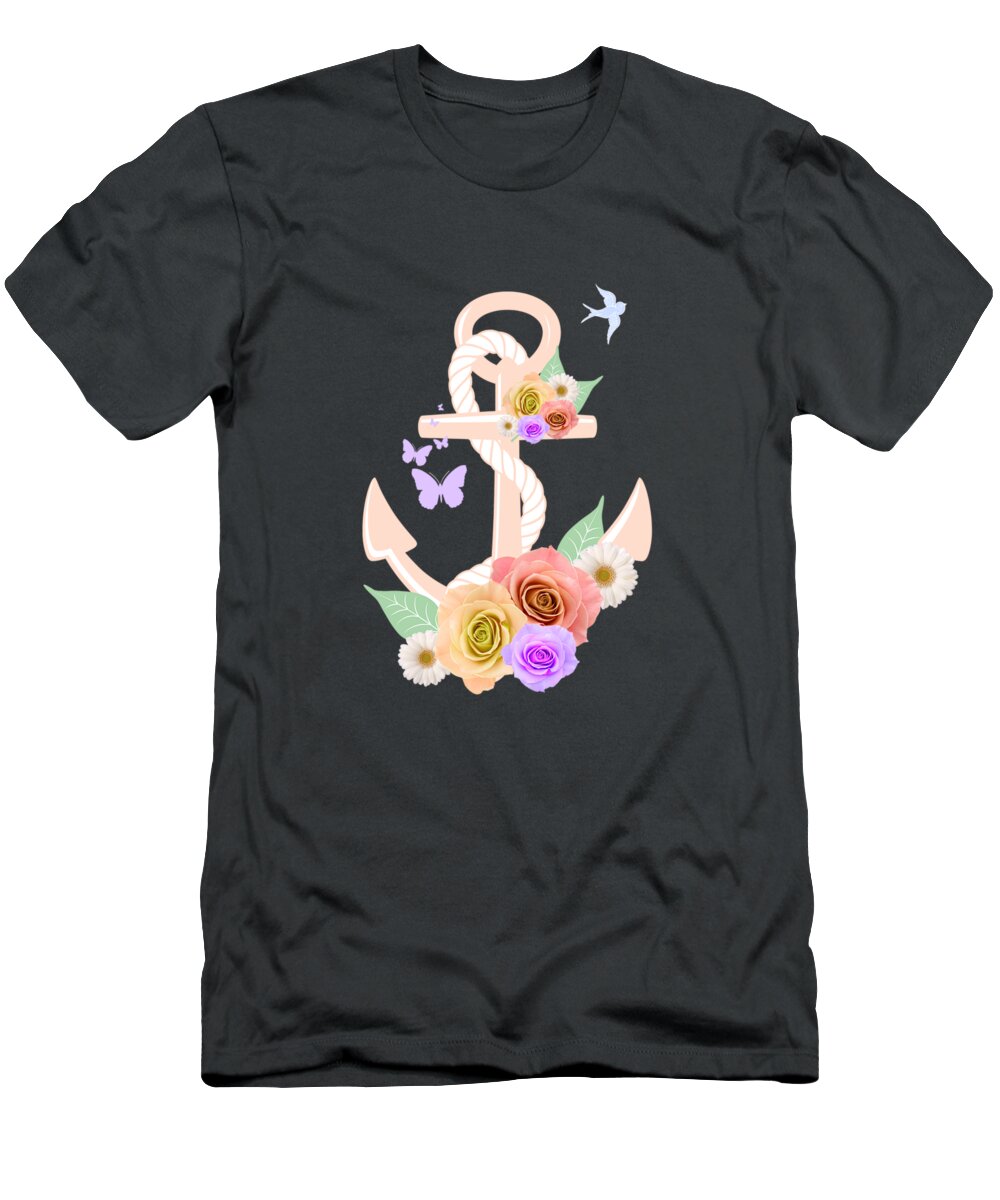 Digital Art T-Shirt featuring the digital art Pink Floral Anchor by Leah McPhail