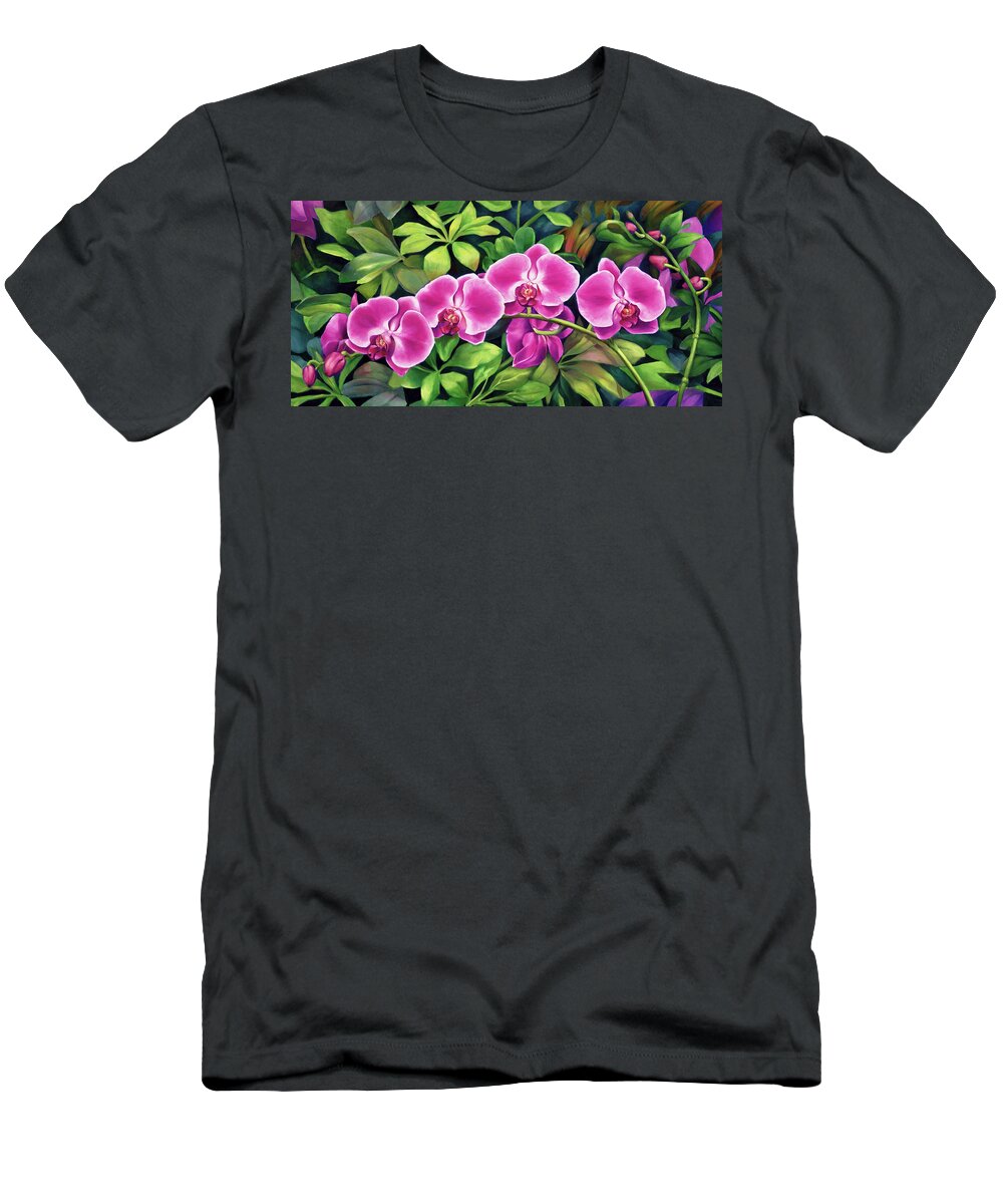  T-Shirt featuring the painting Pink Jungle Orchids by Nancy Tilles