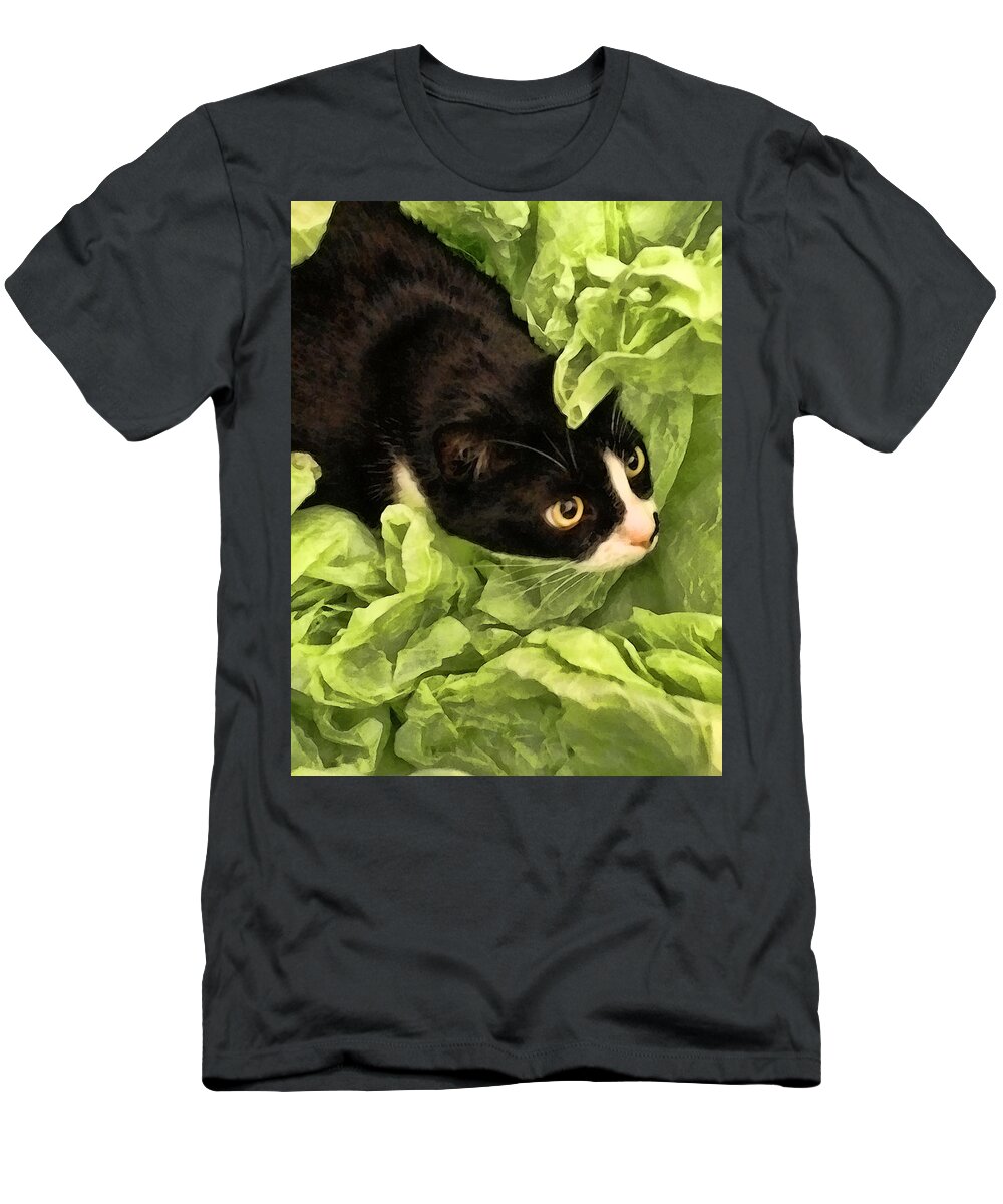 Tuxedo T-Shirt featuring the photograph Playful Tuxedo Kitty in Green Tissue Paper by Kathy Clark