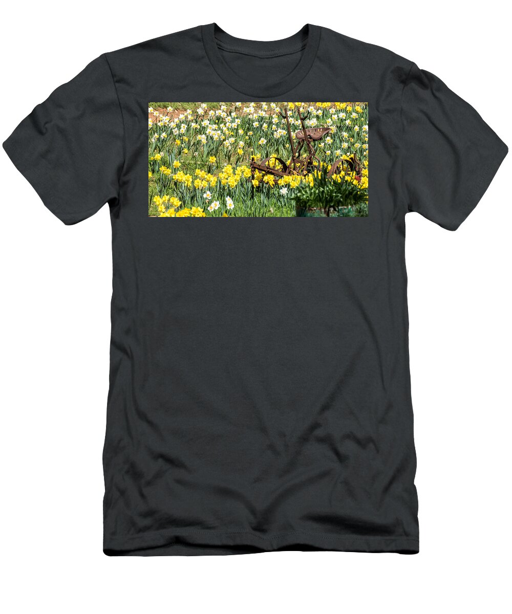  T-Shirt featuring the photograph Plow in Field of Daffodils by Wendy Carrington
