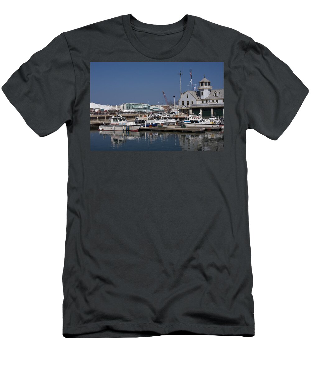 Chicago Windy City Police Station Lake Michigan Water Blue Sky Water T-Shirt featuring the photograph Police Station by Andrei Shliakhau