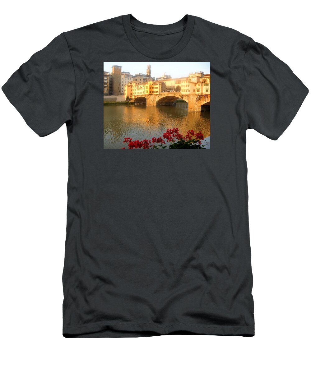 Ponte Vecchio Bridge Florence Italy Bathed In Sunlight T-Shirt featuring the photograph Ponte Vecchio in Florence by Lisa Boyd