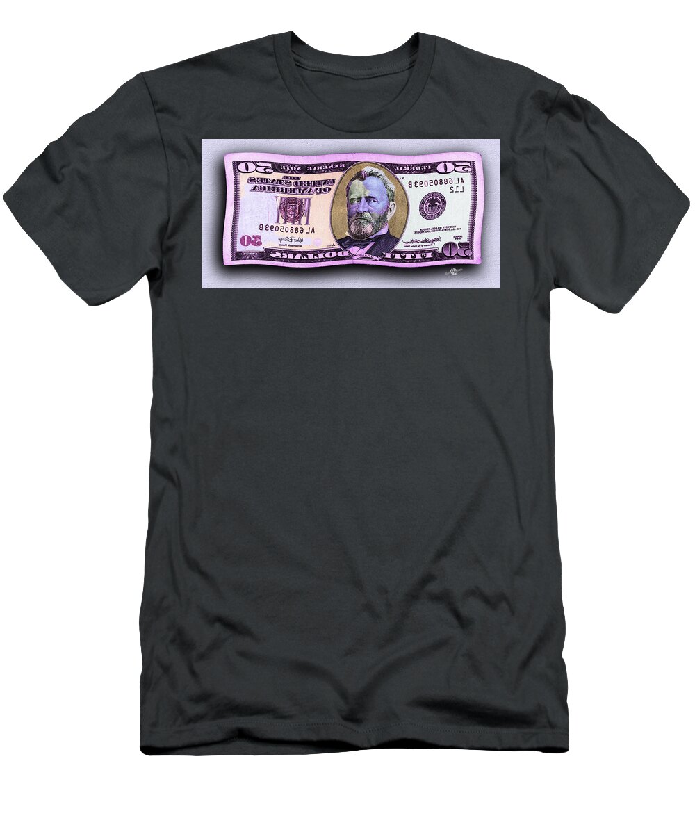 $50 T-Shirt featuring the painting 50 Dollar Bill In The Wind Purple Pink Mirror Image Pop Art by Tony Rubino