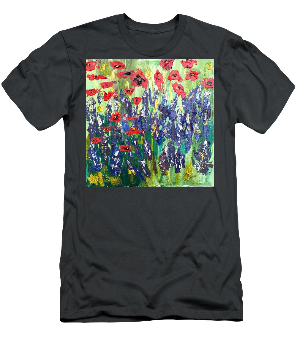 Texas Blue Bonnets T-Shirt featuring the painting Poppies and Bluebonnets in Fredricksburg by Julene Franki