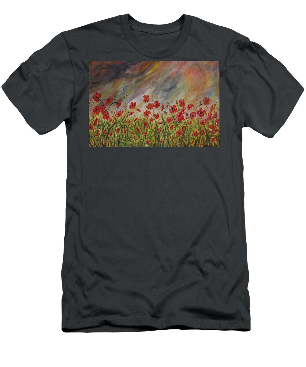 Poppies T-Shirt featuring the painting Poppies in a storm by David Capon