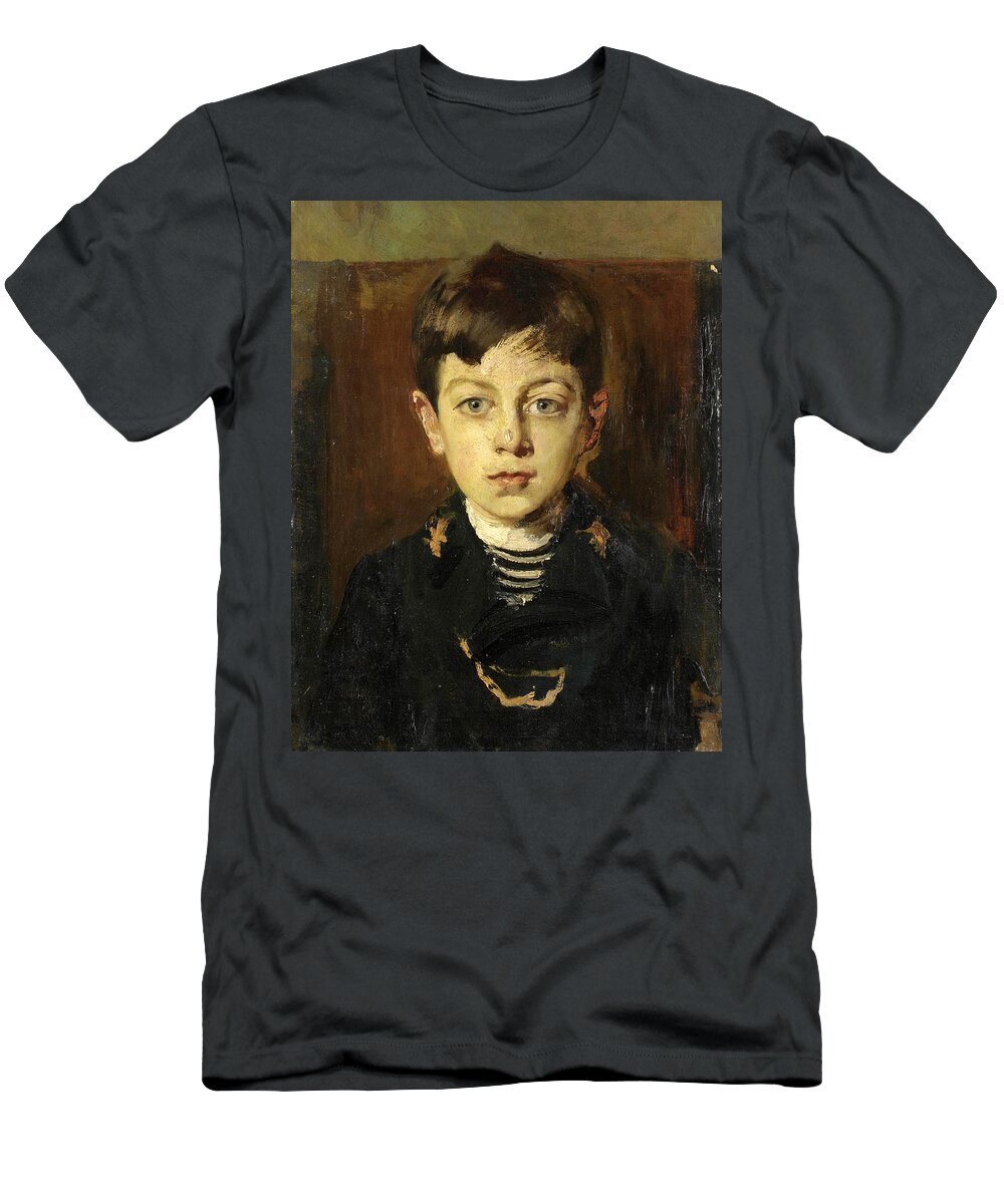 Cesare Tallone T-Shirt featuring the painting Portrait Of Enrico Petiti As A Young Boy by Cesare Tallone
