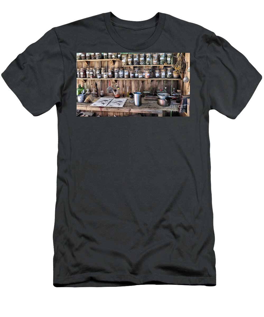 Mason Jars Bench Herbs Vintage Old Artistic Shelves Rustic T-Shirt featuring the photograph Potting Shed by Mick Flynn