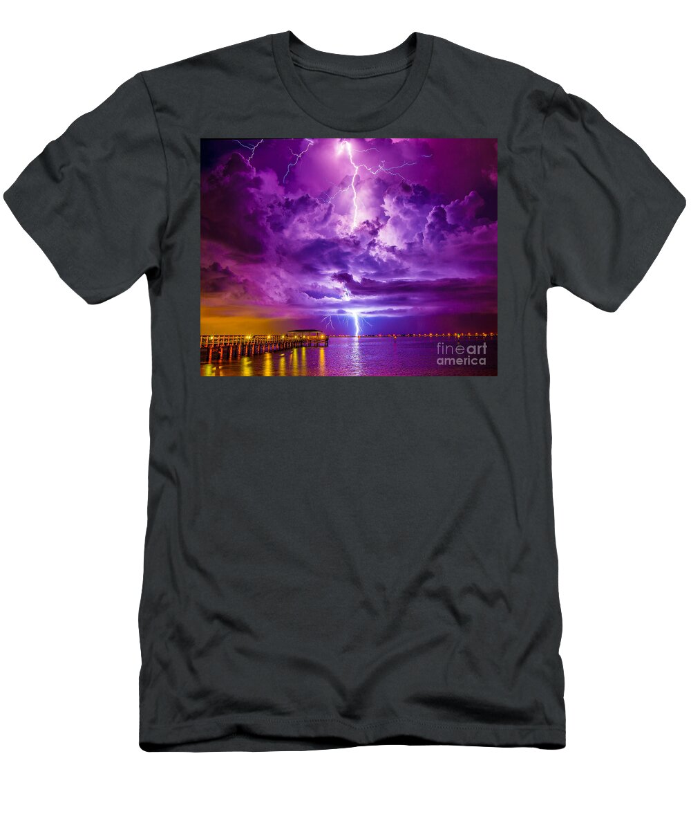 Psychedelic T-Shirt featuring the photograph Psychedelic Lightning Seascape by Stephen Whalen