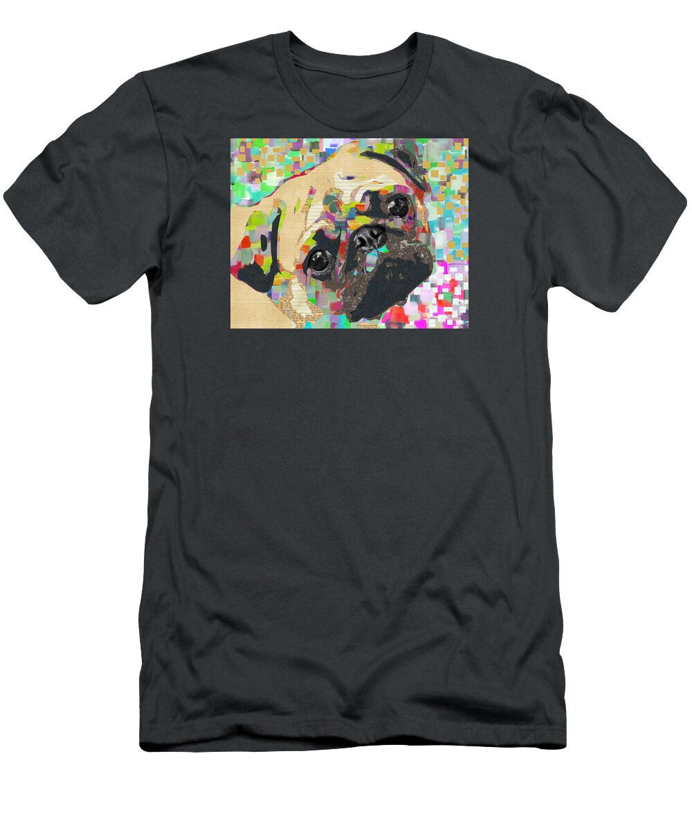 Pug T-Shirt featuring the mixed media Pug Collage by Claudia Schoen