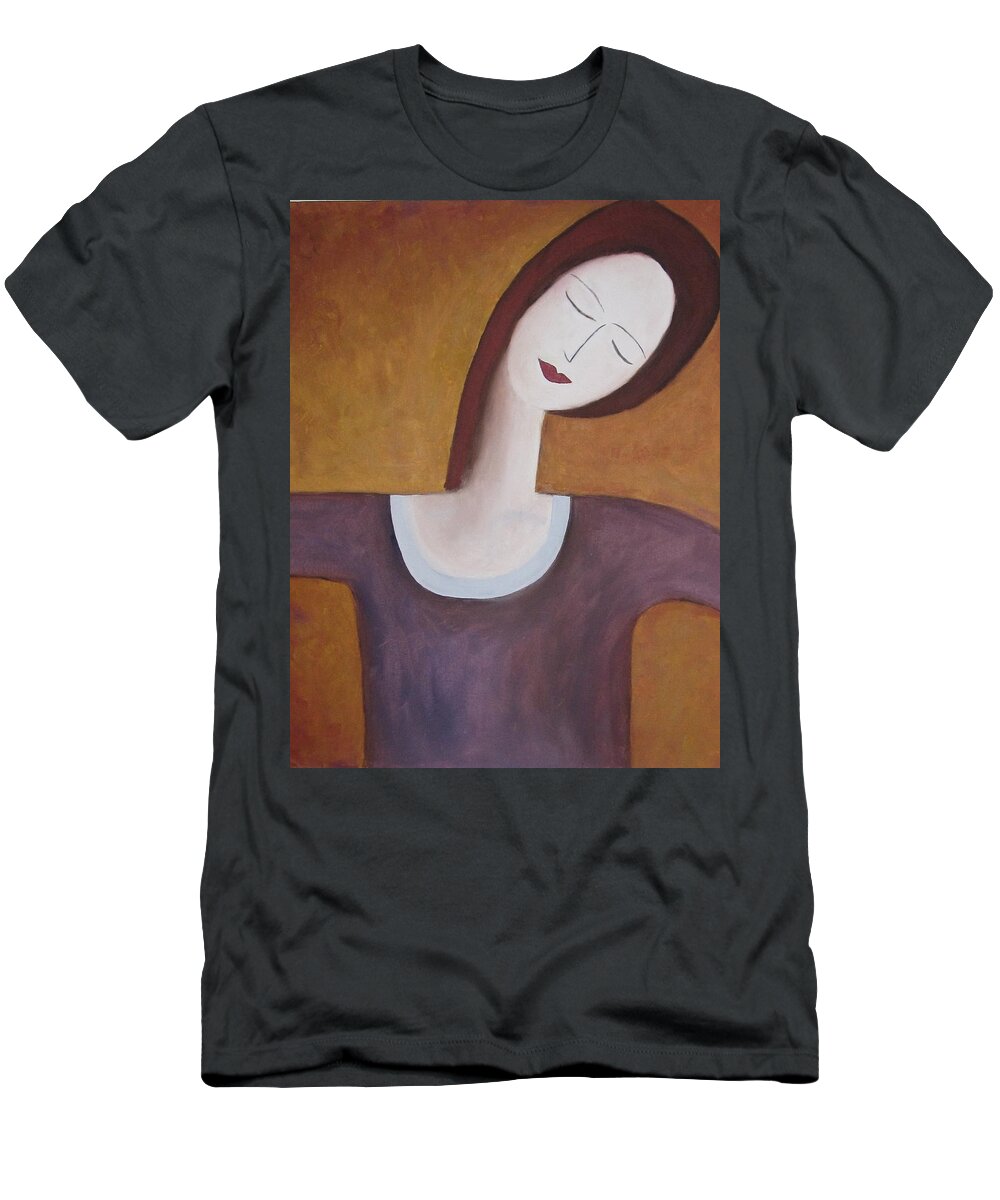 Original Oil T-Shirt featuring the painting Purple Shirt and Square Hair by Patricia Cleasby