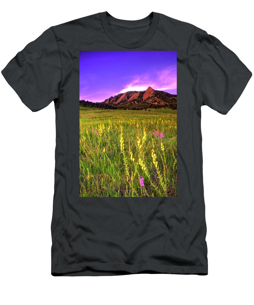 Colorado T-Shirt featuring the photograph Purple Skies and Wildflowers by Scott Mahon