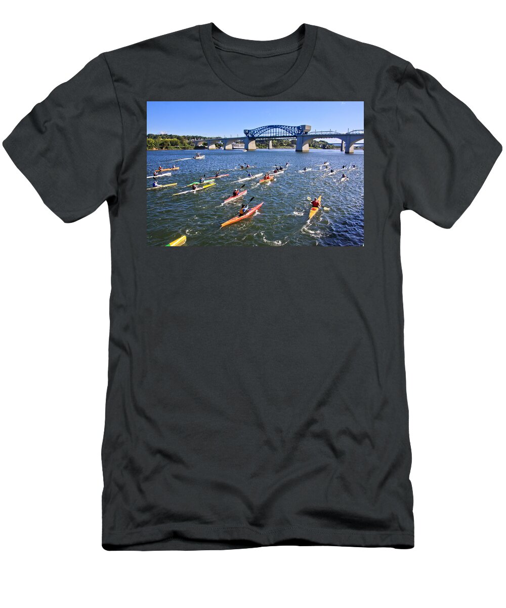 Market Street Bridge T-Shirt featuring the photograph Race on the River by Tom and Pat Cory