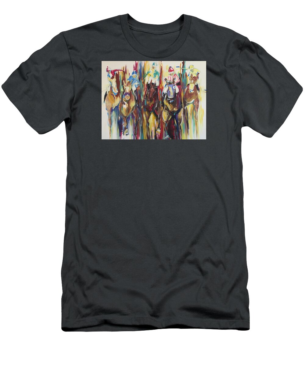 Race Horse T-Shirt featuring the painting Race track by Heather Roddy