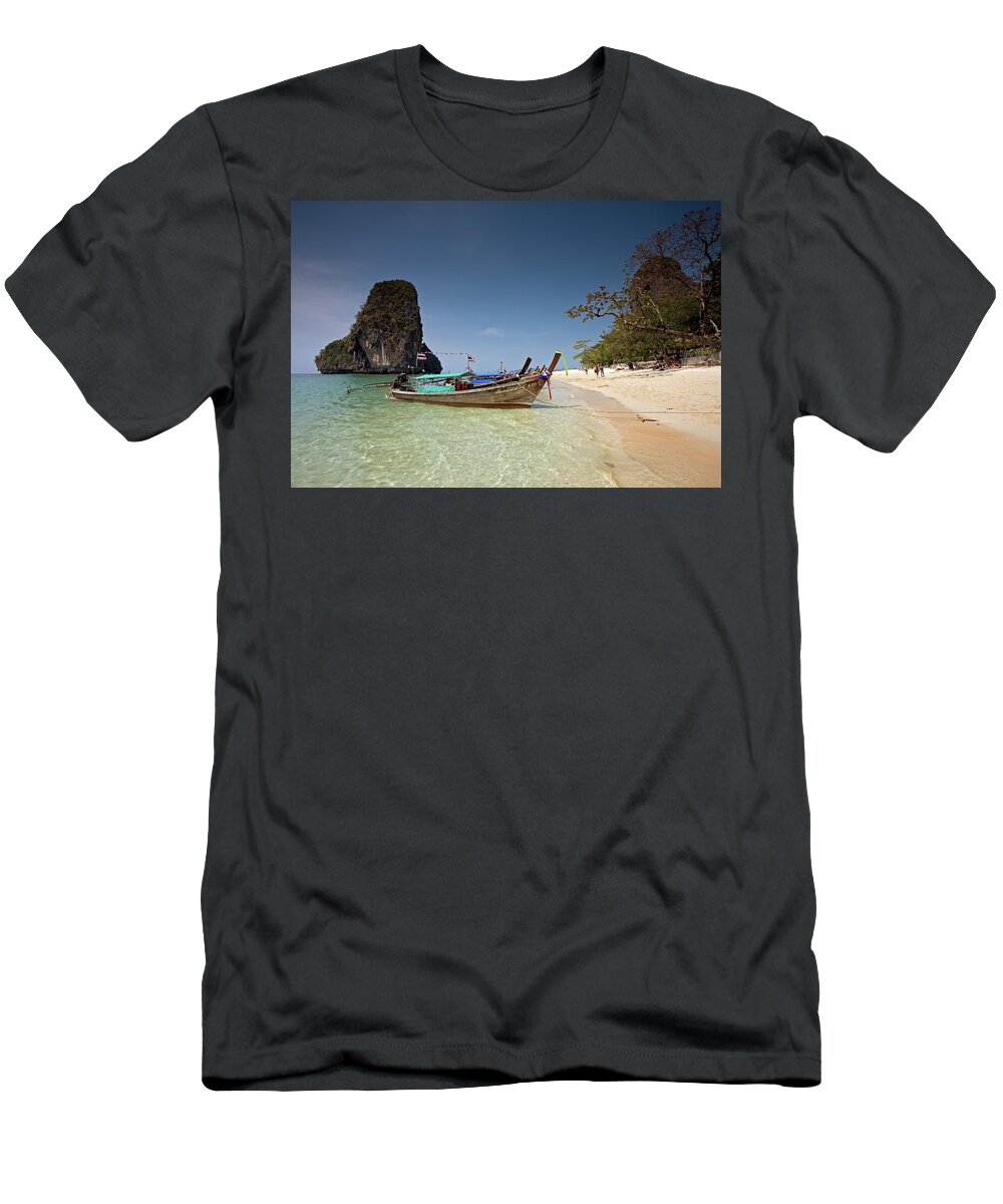 Railay Beach T-Shirt featuring the photograph Railay Beach, Phra Nang Beach, Long-tail Boat and Cliff by Aivar Mikko