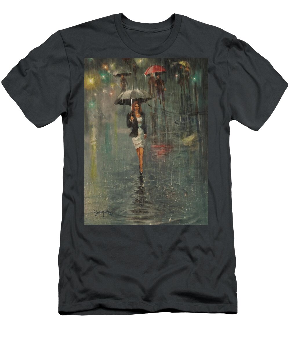 Woman With Umbrella T-Shirt featuring the painting Rain in the City by Tom Shropshire