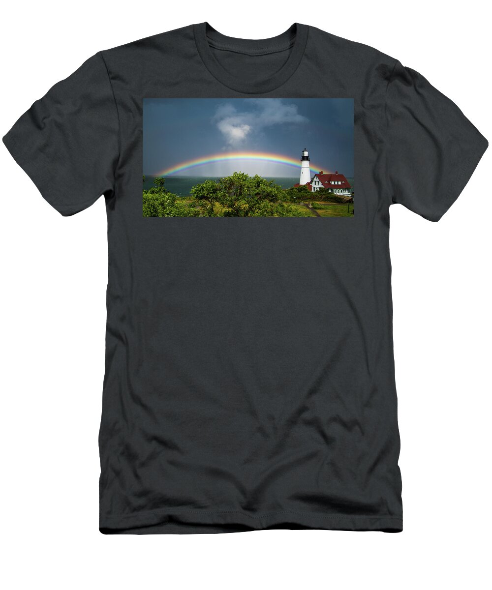 Rainbow T-Shirt featuring the photograph Rainbow at Portland Headlight by Darryl Hendricks