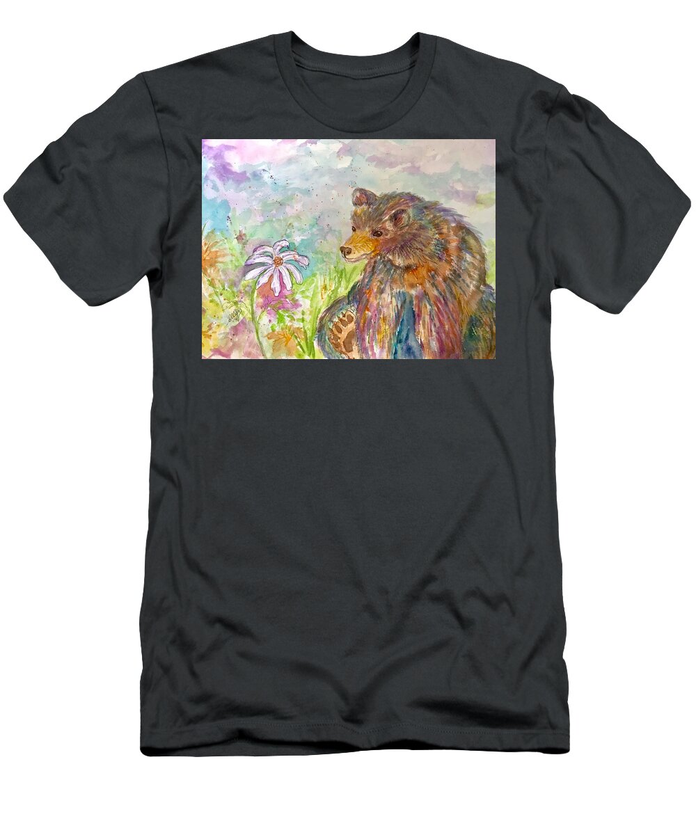 Rainbow Bear T-Shirt featuring the painting Rainbow Bear and Wildflowers by Ellen Levinson