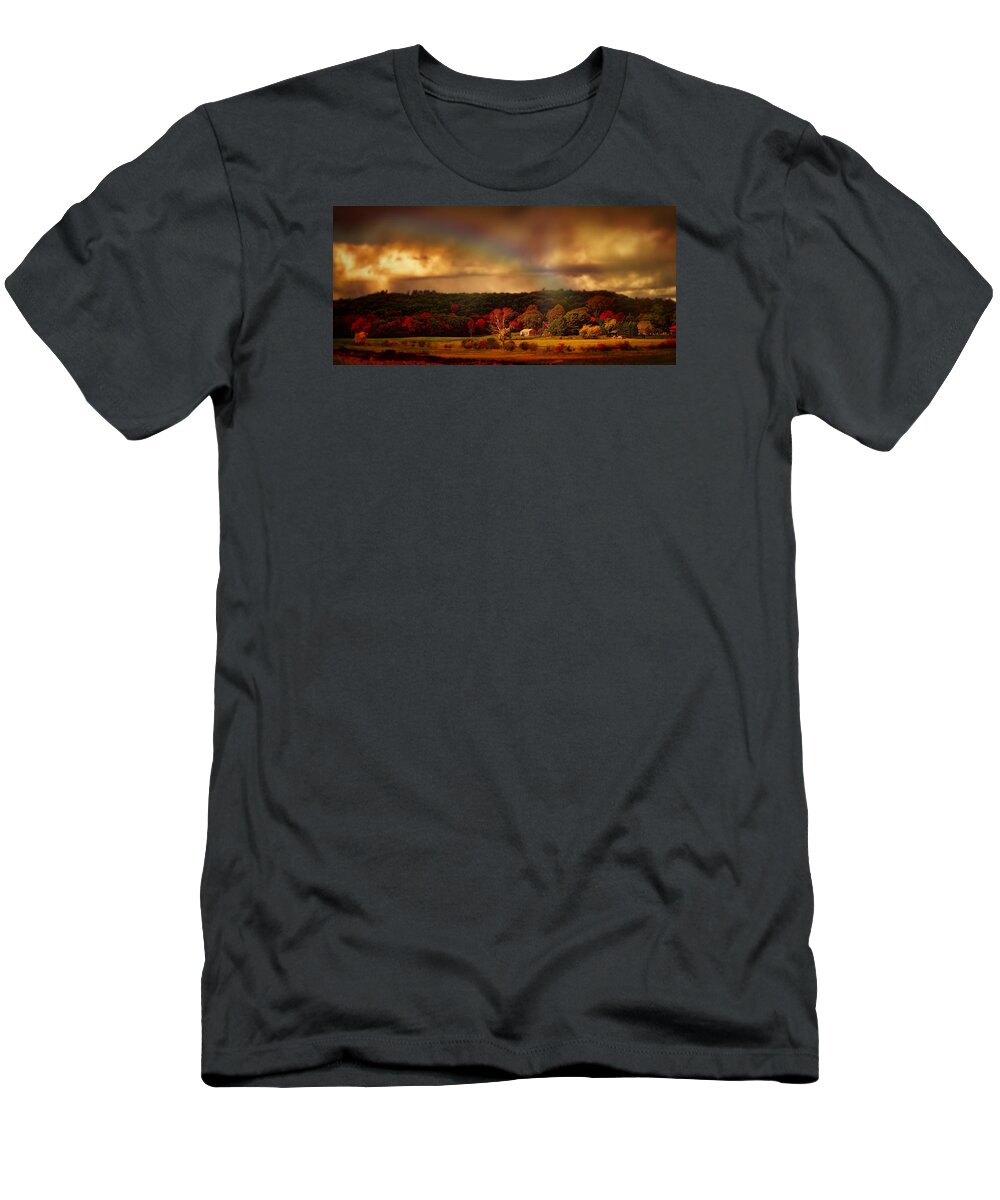 Rainbow T-Shirt featuring the photograph Rainbow over countryside by Lilia S