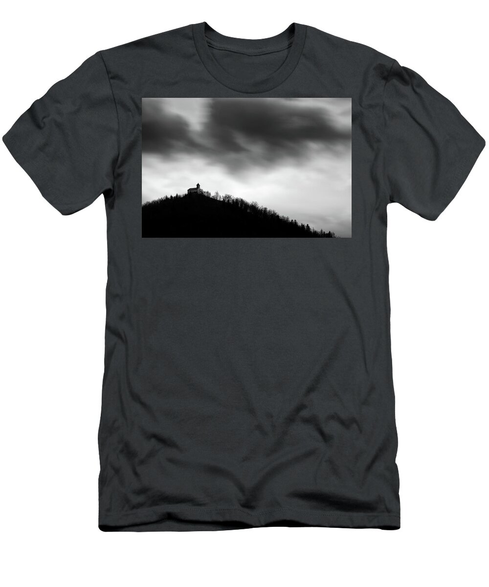 Saint T-Shirt featuring the photograph Rainclouds over church by Ian Middleton