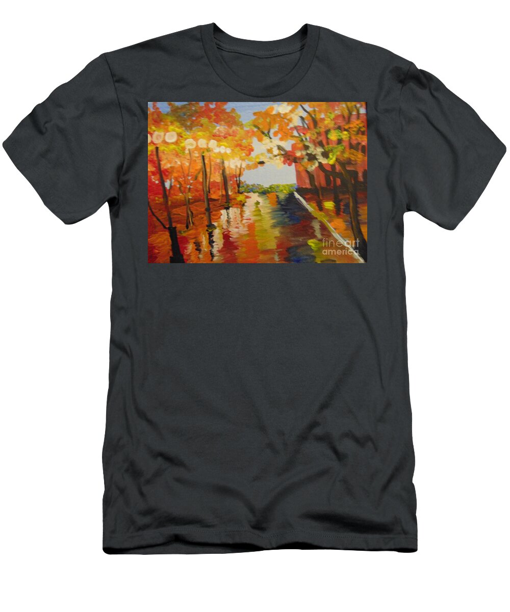 Impressionist T-Shirt featuring the painting Rainy Fall Night by Saundra Johnson