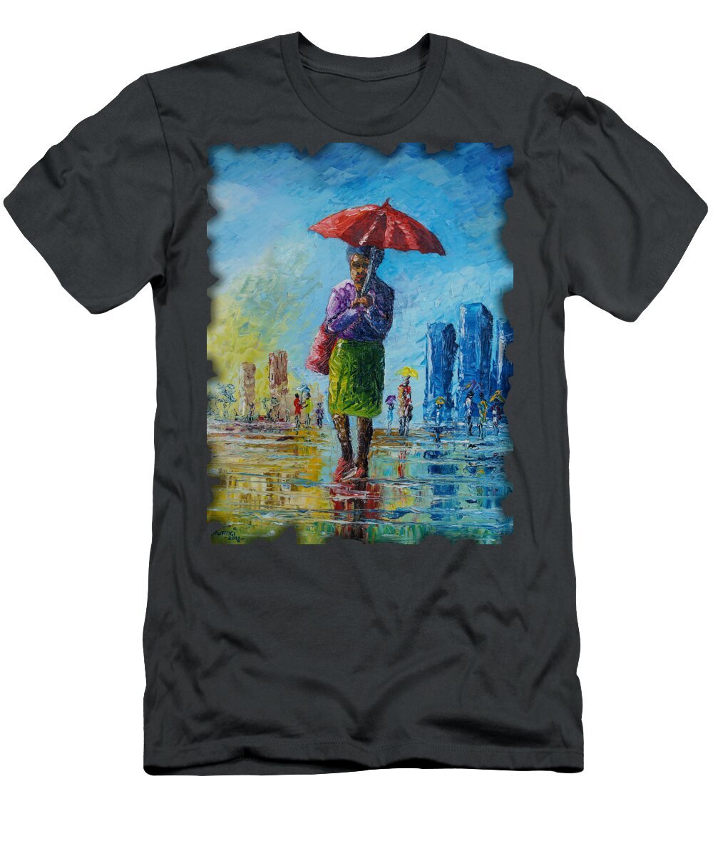 Rain T-Shirt featuring the painting Rainy Day by Anthony Mwangi