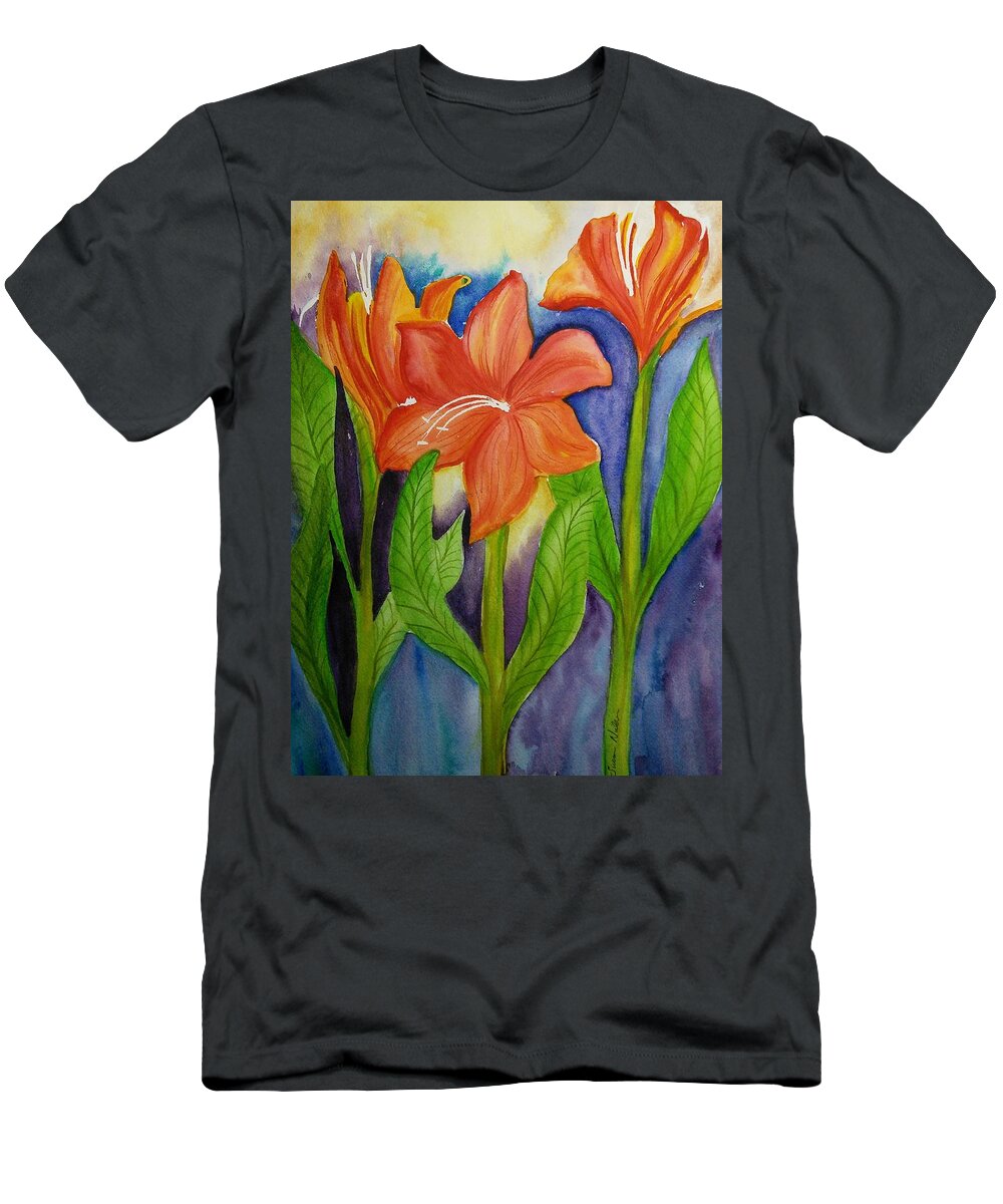 Orange Floral T-Shirt featuring the painting Reaching for the sun by Susan Nielsen