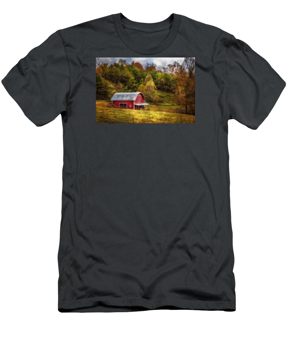 Animals T-Shirt featuring the photograph Red Barn in Autumn by Debra and Dave Vanderlaan