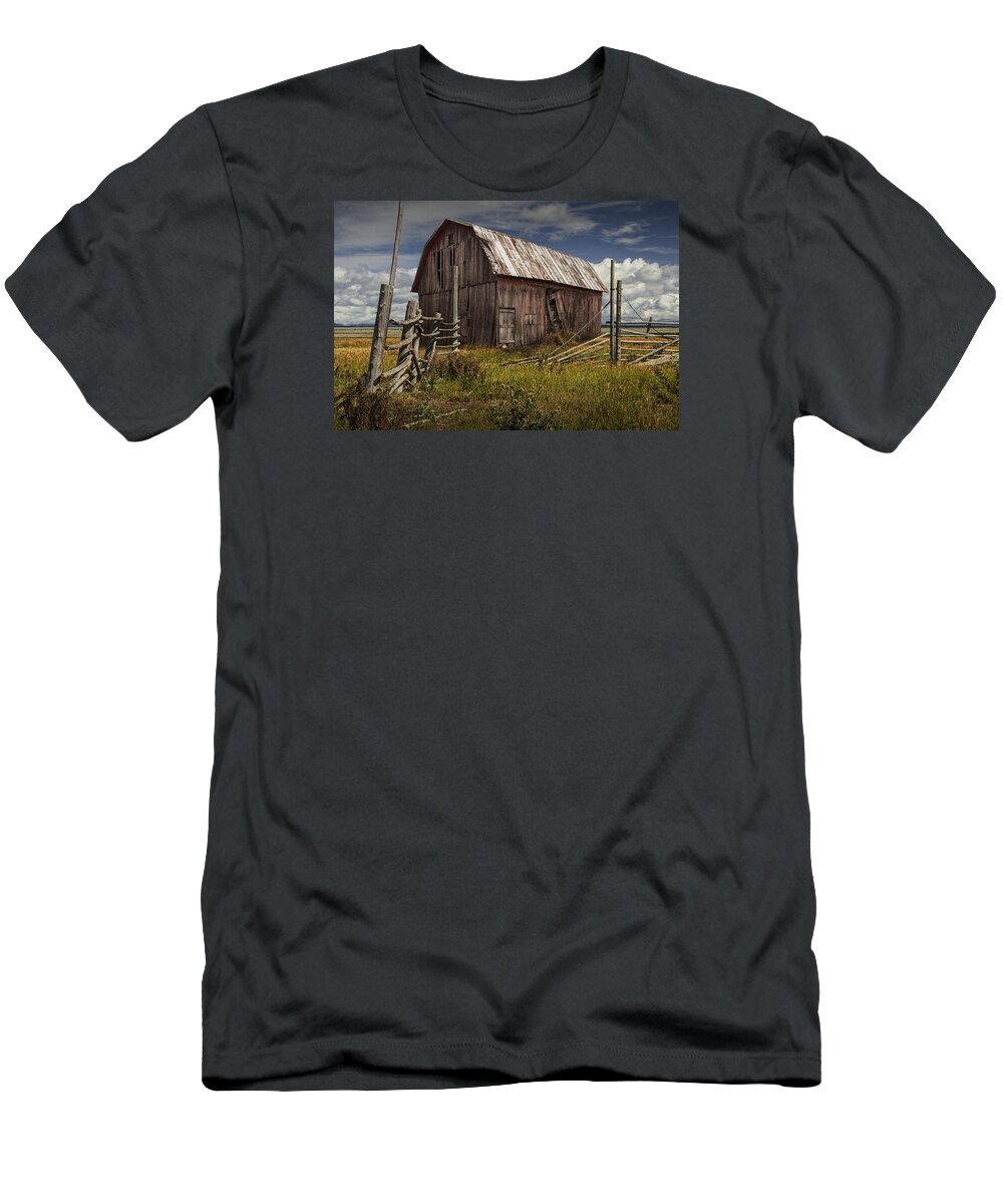 Wood T-Shirt featuring the photograph Red Barn with Wood Fence on an Abandoned Farm by Randall Nyhof