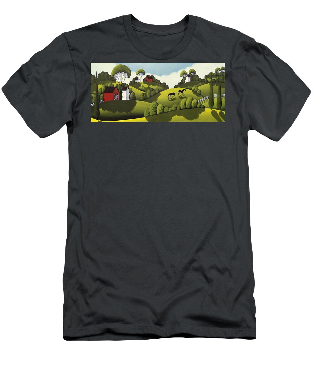 Barn T-Shirt featuring the painting Red Barns - country landscape by Debbie Criswell