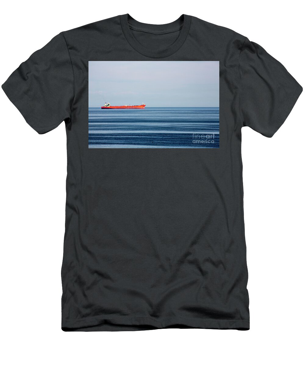 Red Boat In Calm Baltic Sea. T-Shirt featuring the photograph Red boat in calm Baltic Sea by Sheila Smart Fine Art Photography