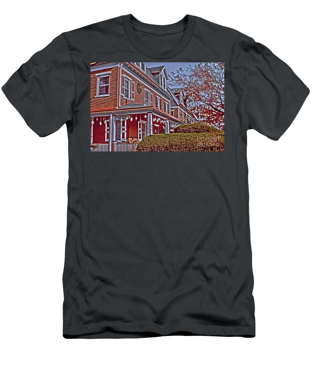 Brick T-Shirt featuring the photograph Red Brick and Snowflakes by Sandy Moulder