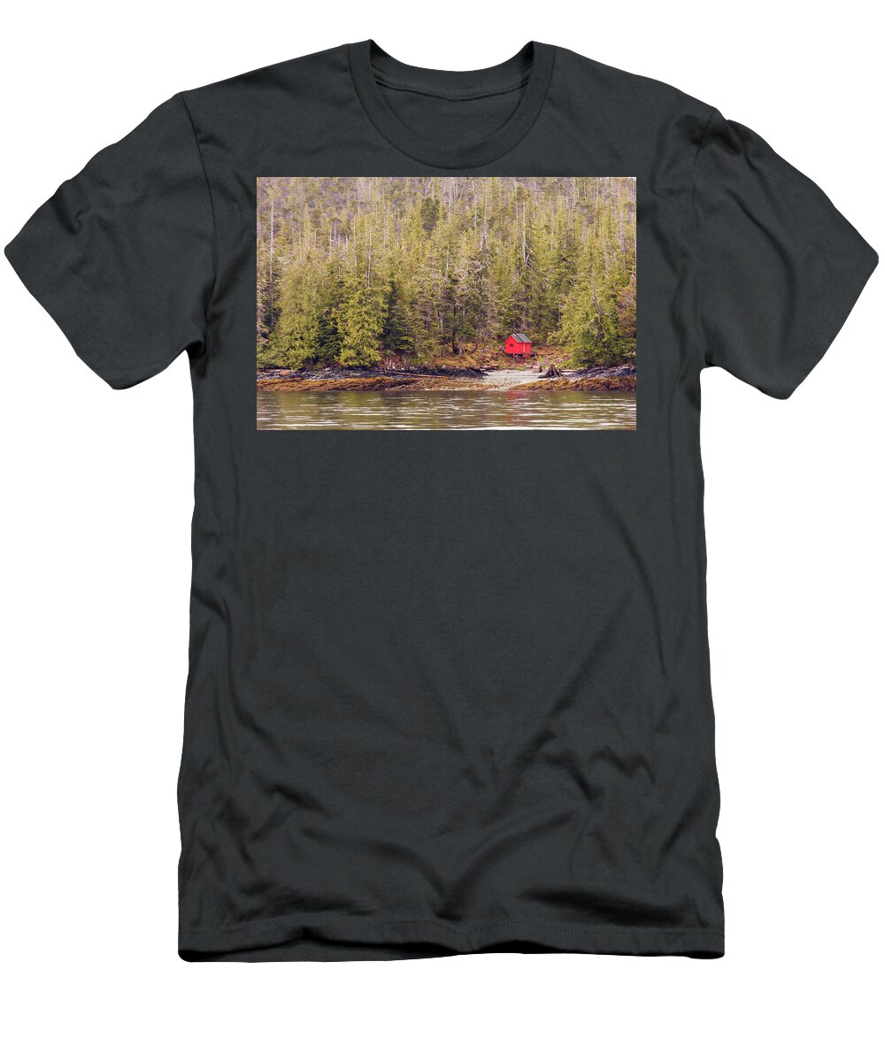 Alaska T-Shirt featuring the photograph Red Cabin on Edge of Alaskan Waterway in Evergreen Forest by Darryl Brooks
