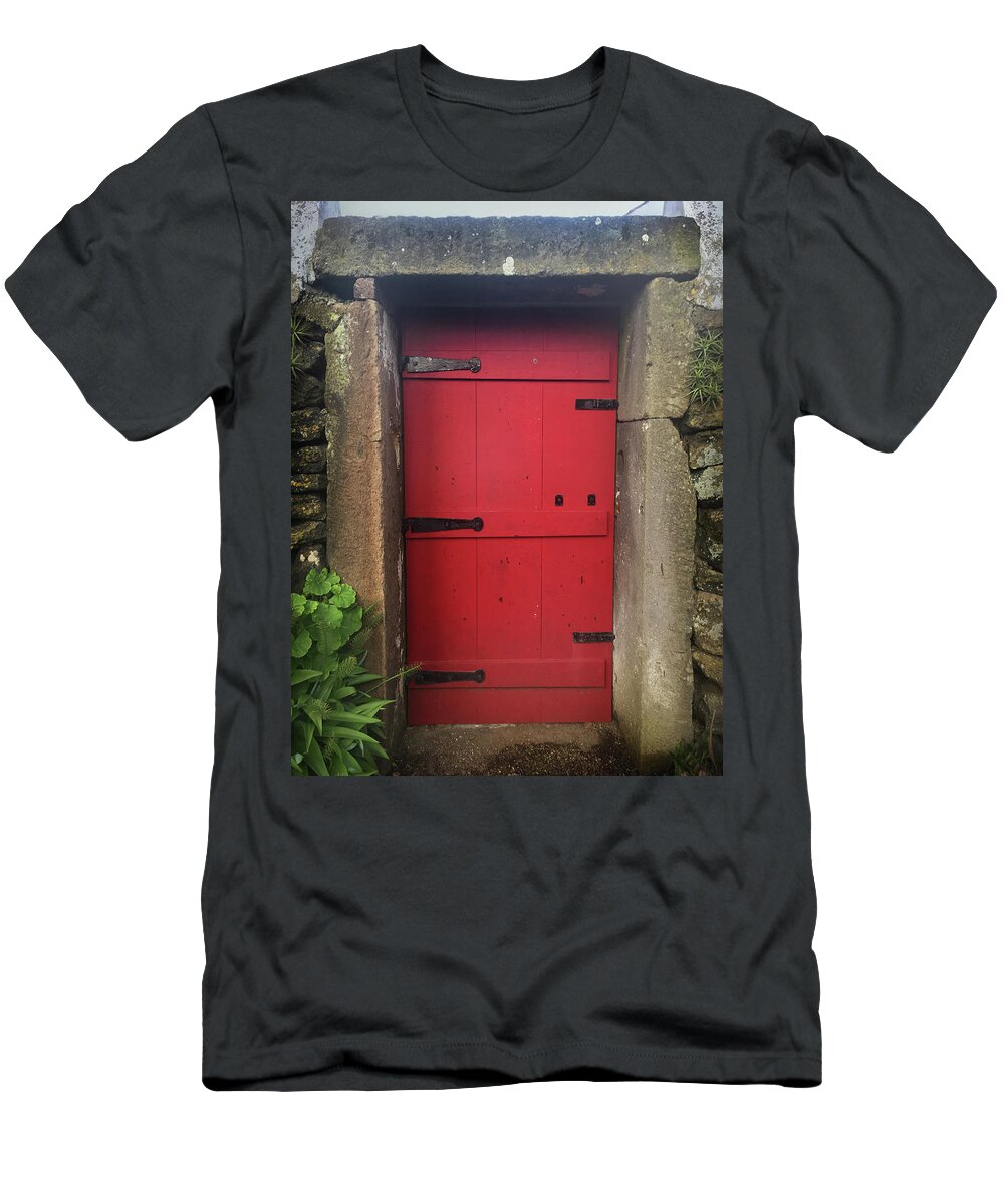 Kelly Hazel T-Shirt featuring the photograph Red Door at the Wine Museum of Biscoitos by Kelly Hazel