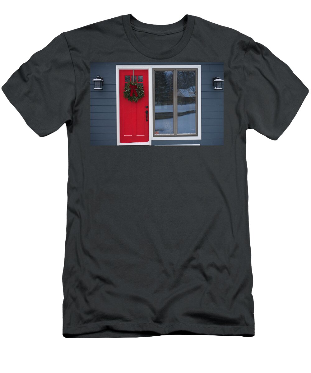 Door T-Shirt featuring the photograph Red Door Christmas by Brooke Bowdren
