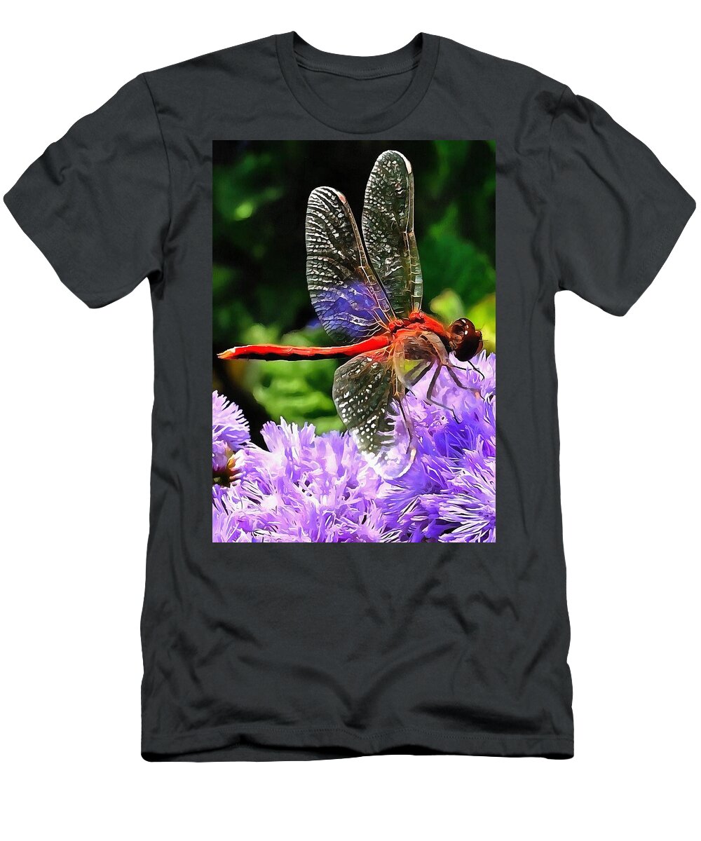 Red T-Shirt featuring the painting Red Dragonfly on Violet Purple Flowers by Taiche Acrylic Art