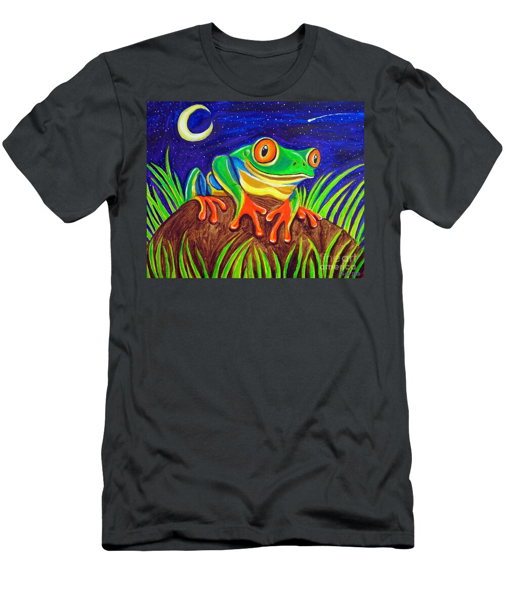 Red-eyed Tree Frog T-Shirt featuring the painting Red-eyed tree frog and starry night by Nick Gustafson