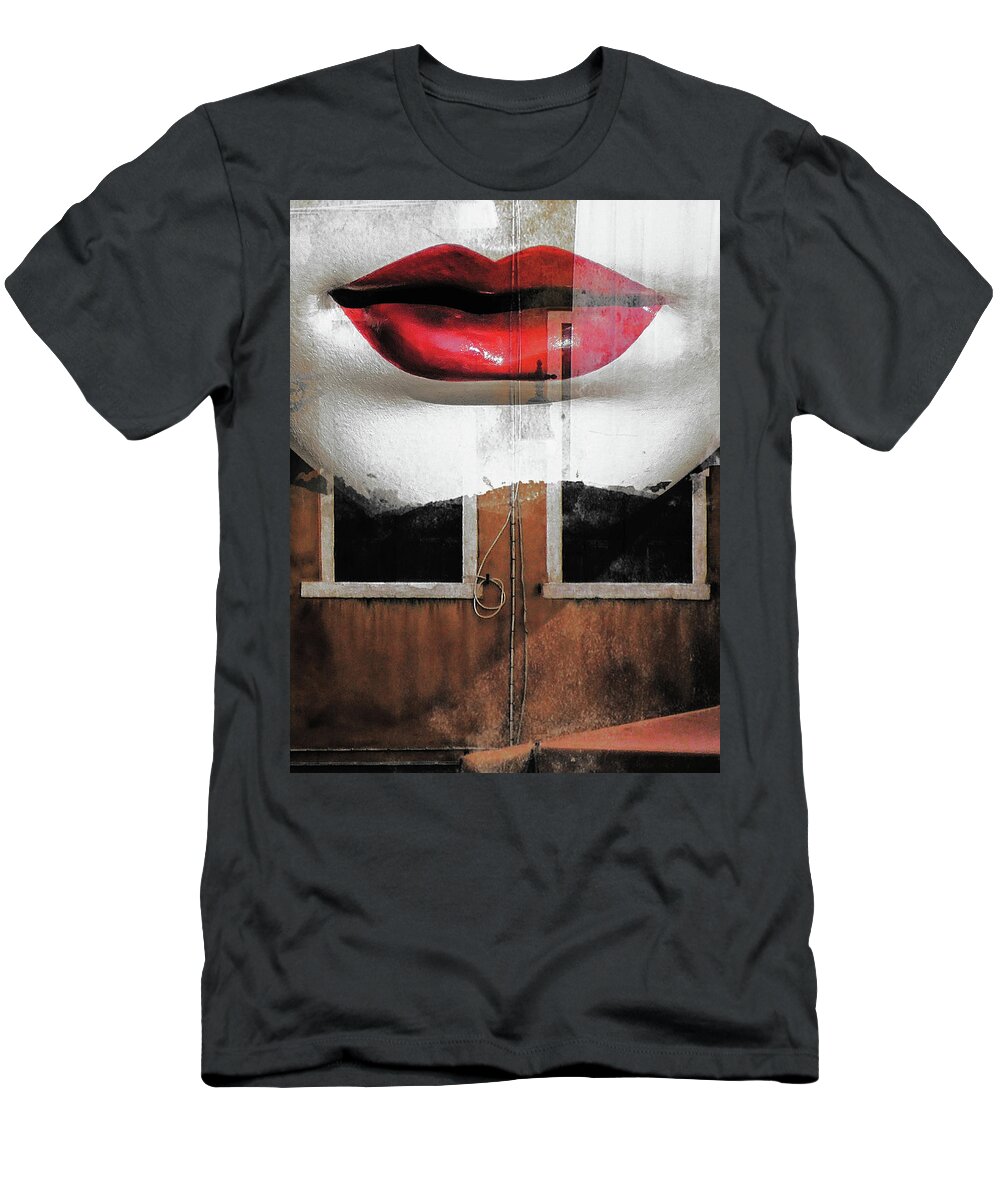 Lips T-Shirt featuring the photograph Red lips and old windows by Gabi Hampe