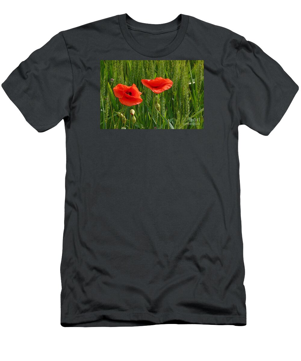 Art T-Shirt featuring the photograph Red Poppy Flowers In Grassland 2 by Jean Bernard Roussilhe