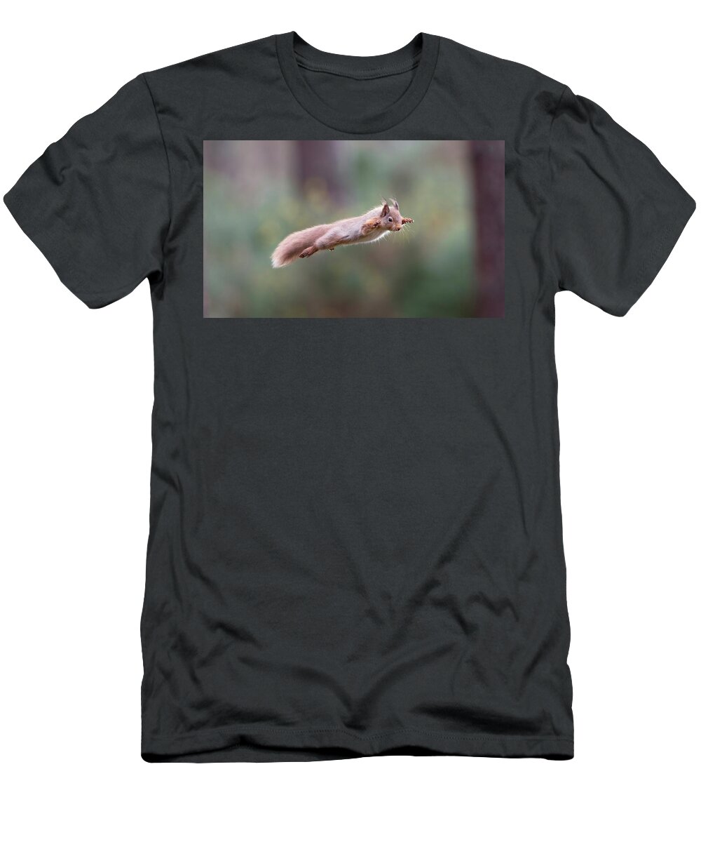 Red T-Shirt featuring the photograph Red Squirrel Leaping by Pete Walkden
