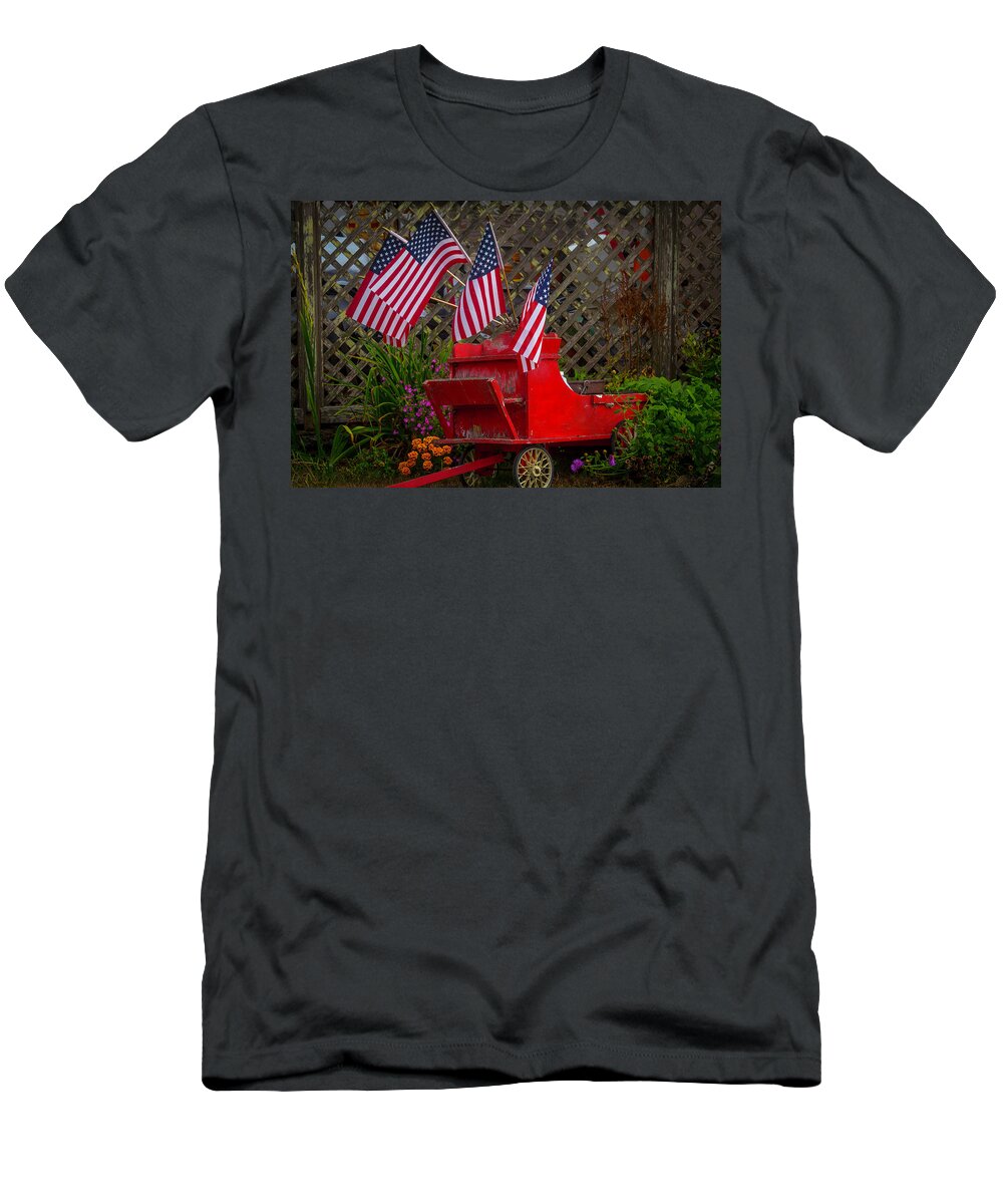 Red T-Shirt featuring the photograph Red Wagon With Flags by Garry Gay