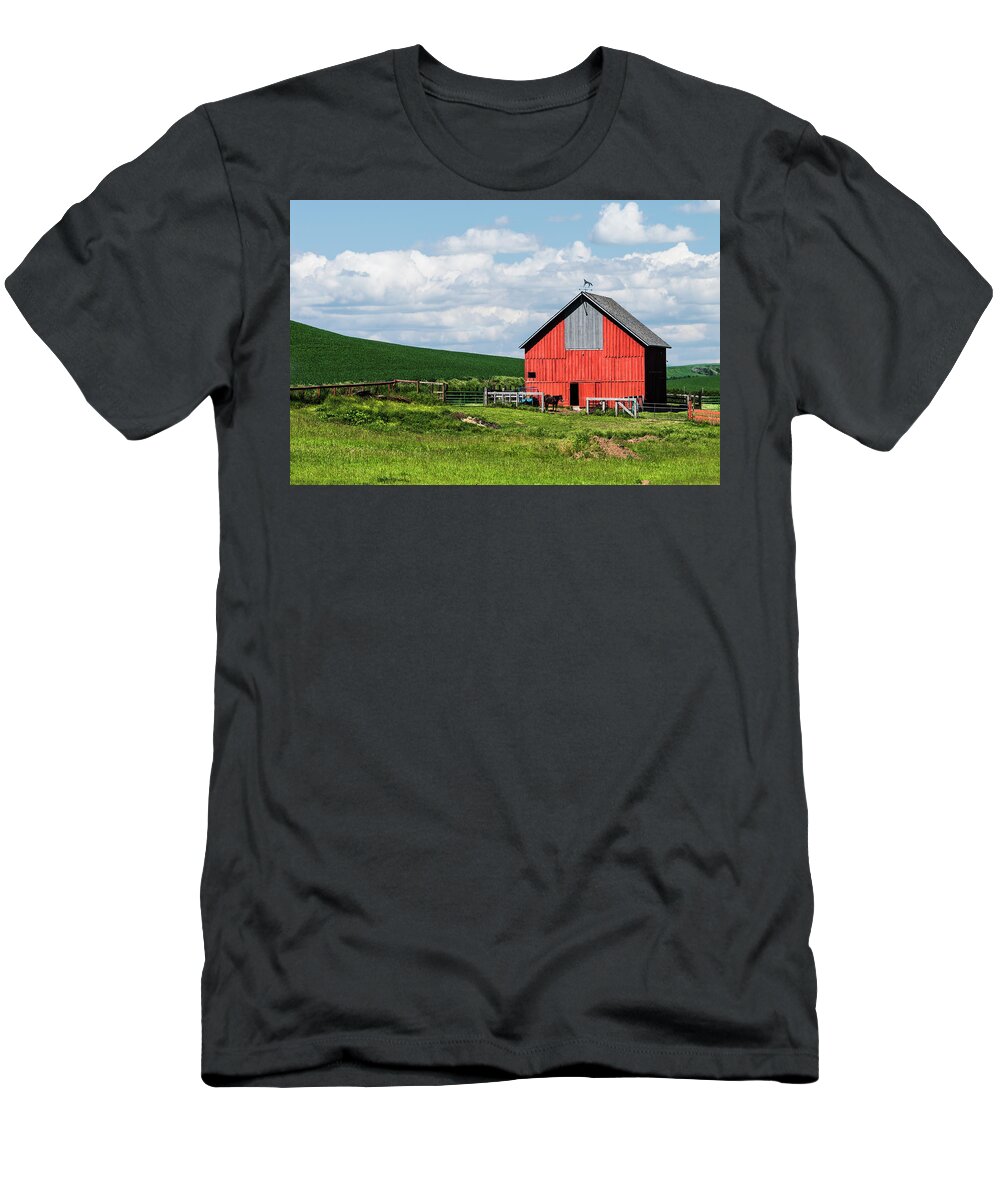 Agriculture T-Shirt featuring the photograph Reddest barn in Palouse. by Usha Peddamatham