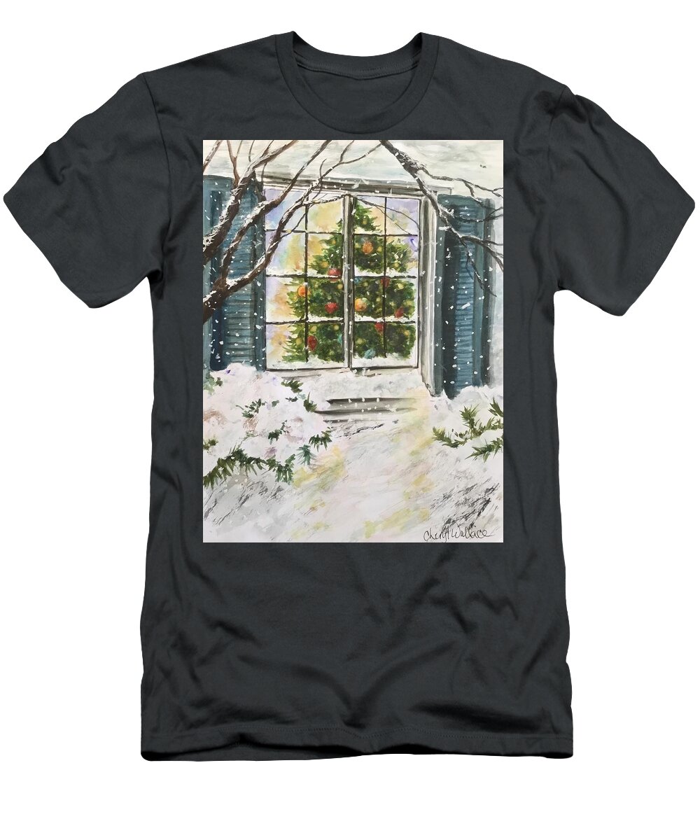 Snow T-Shirt featuring the painting Reflections of Christmas by Cheryl Wallace