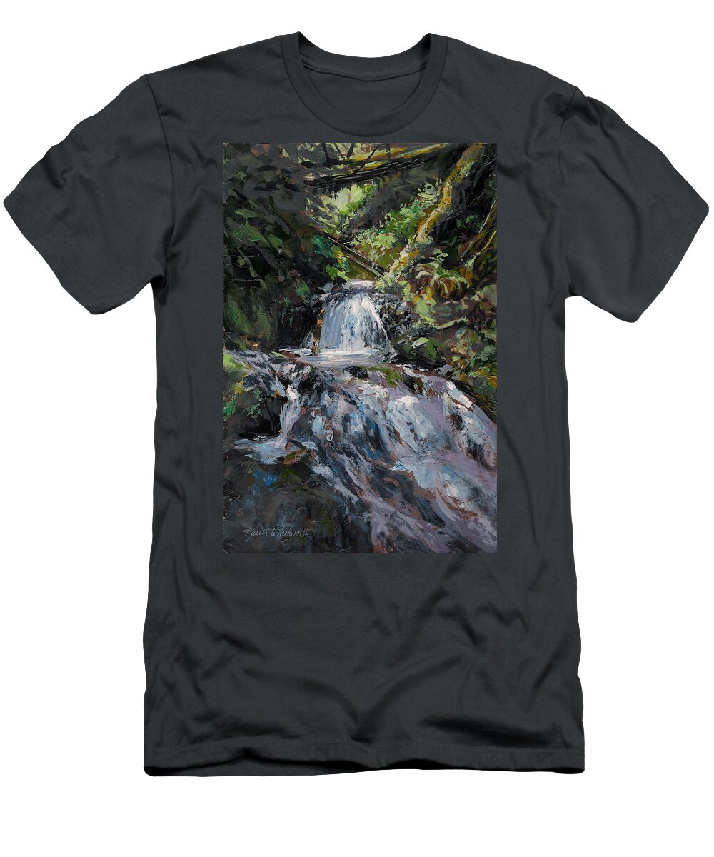 Impressionistic T-Shirt featuring the painting Refreshed - Rainforest Waterfall Impressionistic Painting by K Whitworth