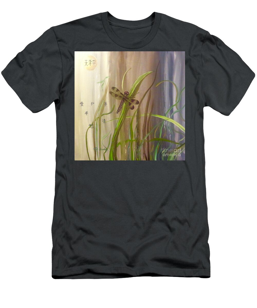 Symbolic Work Restoration Of Balance In Nature And Life Golden Brown Dragonfly Blades Of Grass Abstract Woods Symbolic Moon Chinese Characters Balance Harmony Peace Truth Love Clarity Beauty Nature Scene Dragonfly Paintings Acrylic Paintings T-Shirt featuring the painting Restoration of the Balance in Nature by Kimberlee Baxter