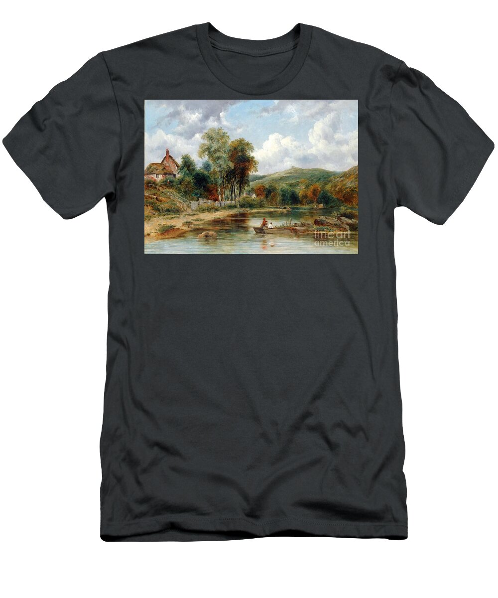 Frederick Waters Watts - River Landscape With Two Boys In A Boat Fishing T-Shirt featuring the painting River Landscape with Two Boys by MotionAge Designs