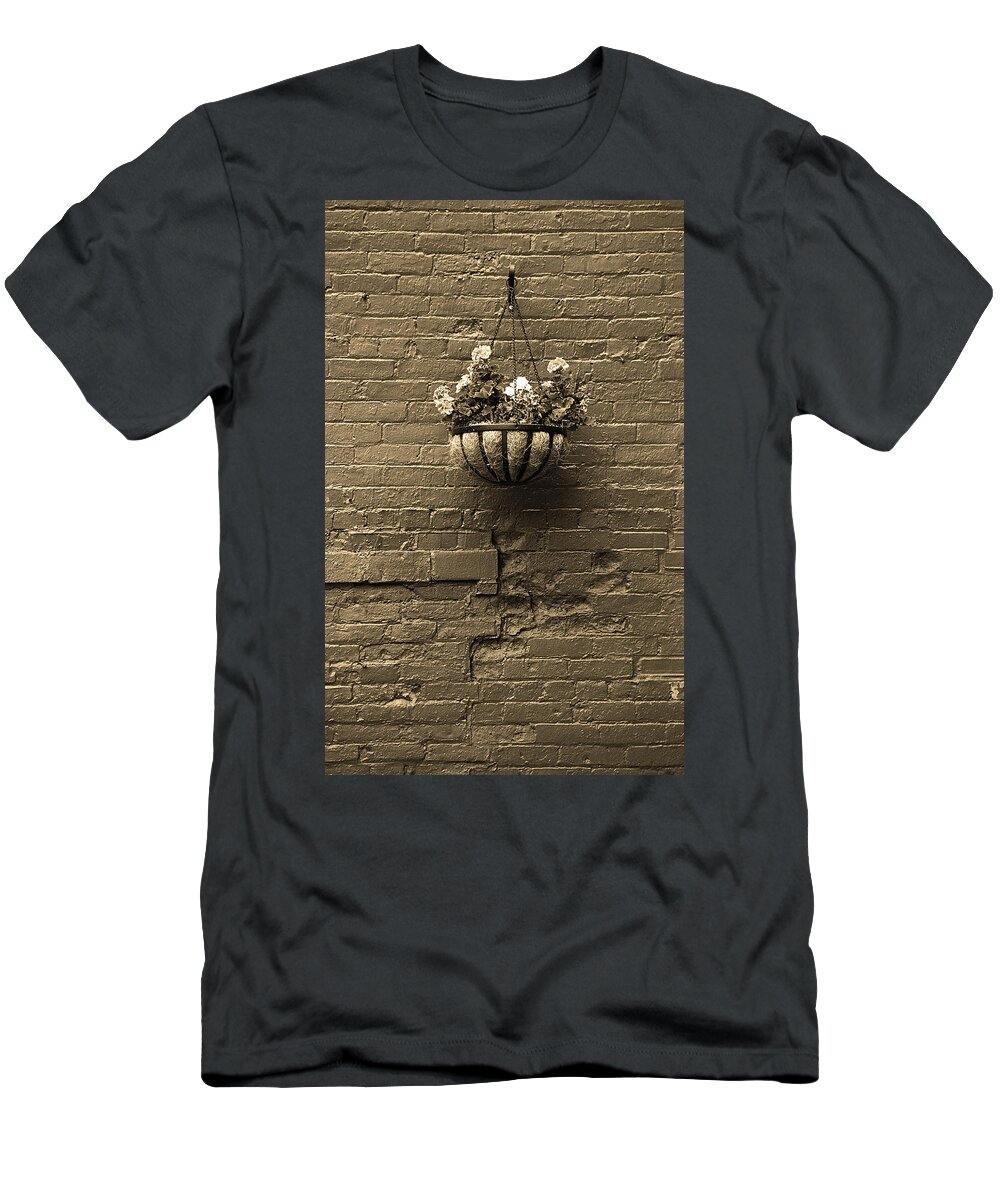 America T-Shirt featuring the photograph Rochester, New York - Wall and Flowers Sepia by Frank Romeo