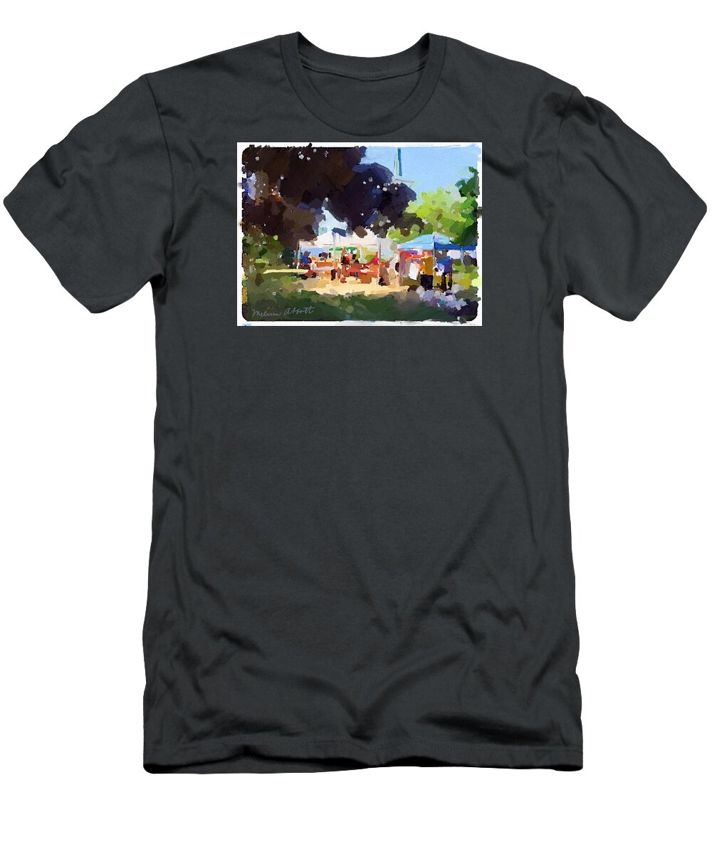 Rockport Farmer's Market T-Shirt featuring the photograph Rockport Farmers Market Tents and Church Steeple at by Melissa Abbott